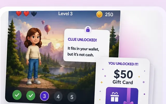 Preview of a personalized birthday gift card reveal game with clues and a final unlock