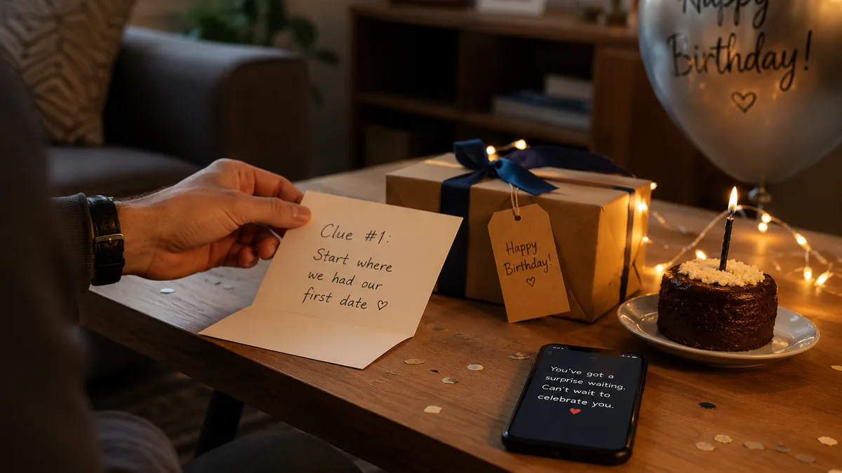 Cozy at-home boyfriend birthday setup with a clue card, wrapped gift, mini cake, and phone reveal on a coffee table.