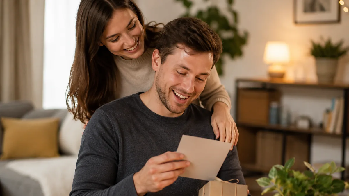 Boyfriend smiling as he opens a thoughtful birthday surprise at home.