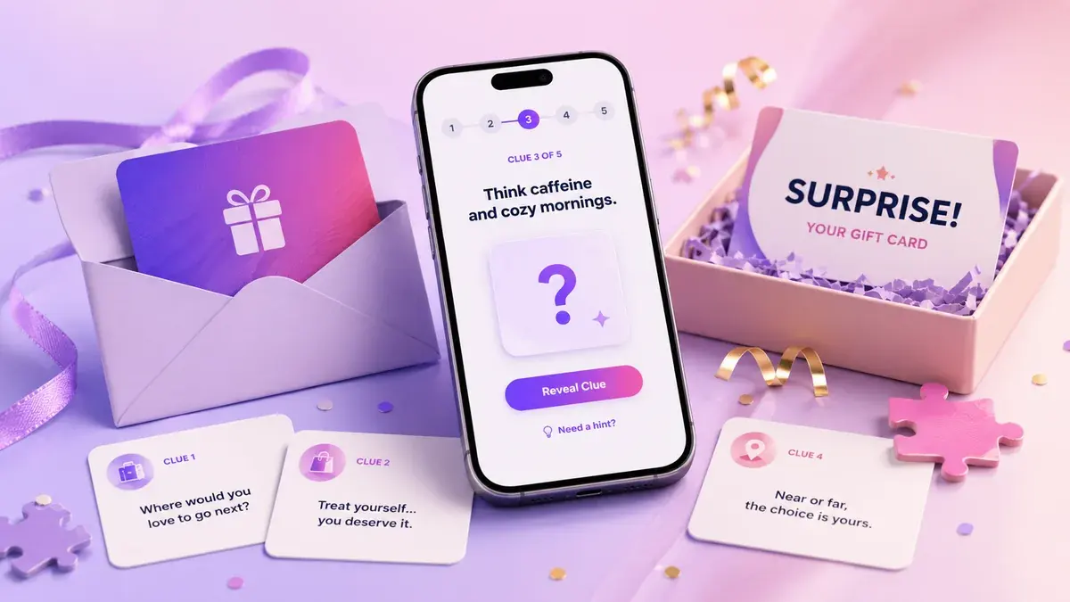 Digital birthday gift reveal screen with a phone, card, and private clue setup for a husband.