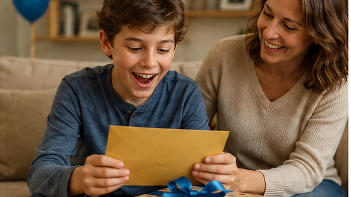 Preteen opening a birthday surprise envelope beside a smiling parent with a wrapped gift on the table.