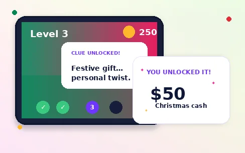 Preview of a personalized Christmas money reveal game with clues and a final unlock