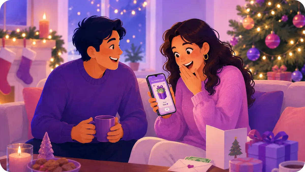 A smiling recipient reacts to a festive digital Christmas money reveal on a phone while the gift giver enjoys the moment nearby.