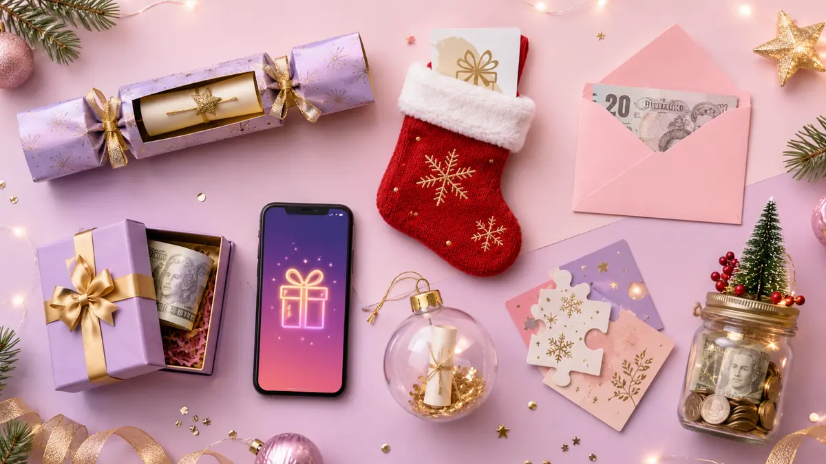 A festive flat-lay collage of Christmas money gift ideas showing a surprise tube, stocking, envelope, gift box, phone reveal, ornament clue, puzzle cards and a money jar.