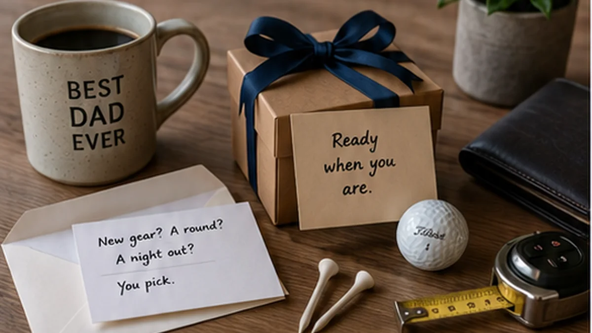 Dad-specific gift card presentation setup with a small gift box, handwritten note, coffee mug, golf ball, tees, tape measure, and wallet.
