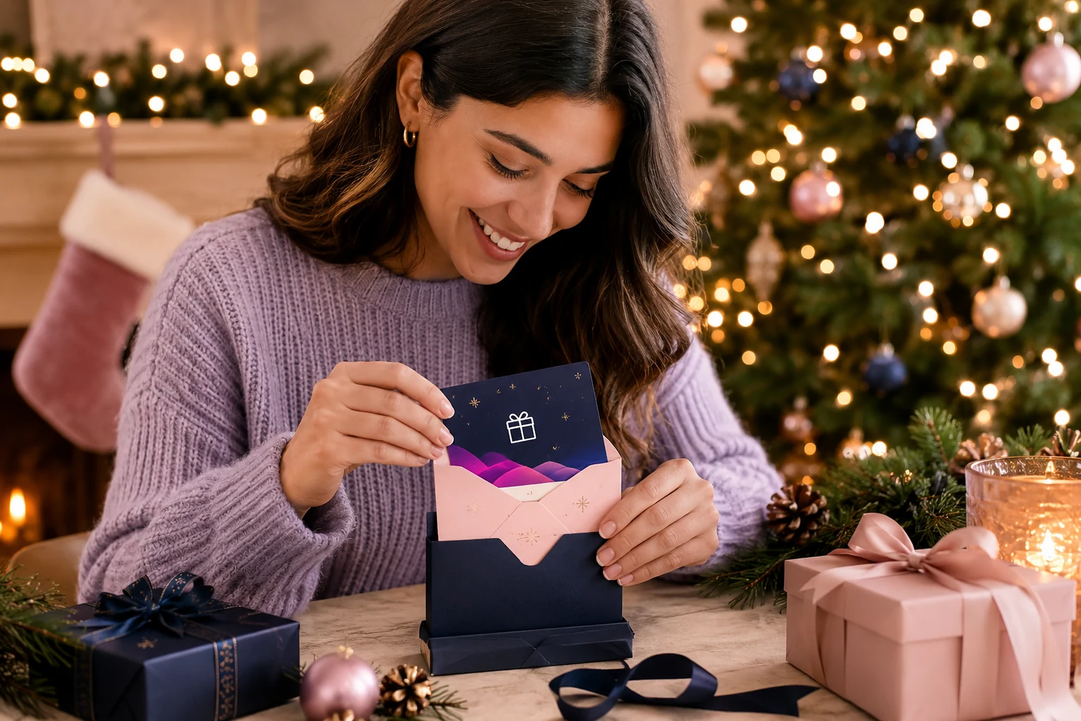 Person smiling while opening a gift card reveal beside a Christmas gift card presentation.