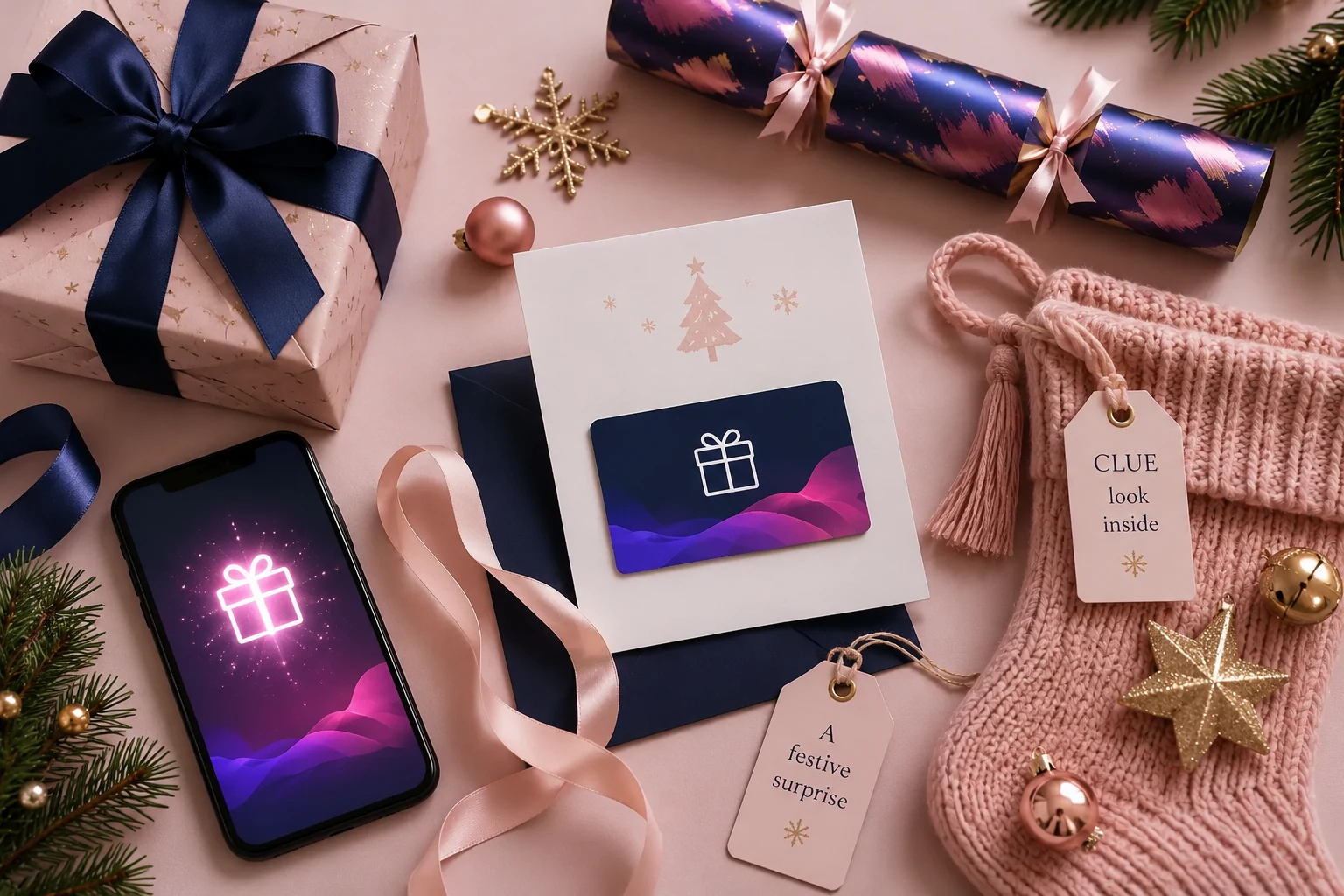 Christmas gift card wrapping ideas with a small gift box, stocking clue, digital reveal, ornament, and festive gift card presentation.