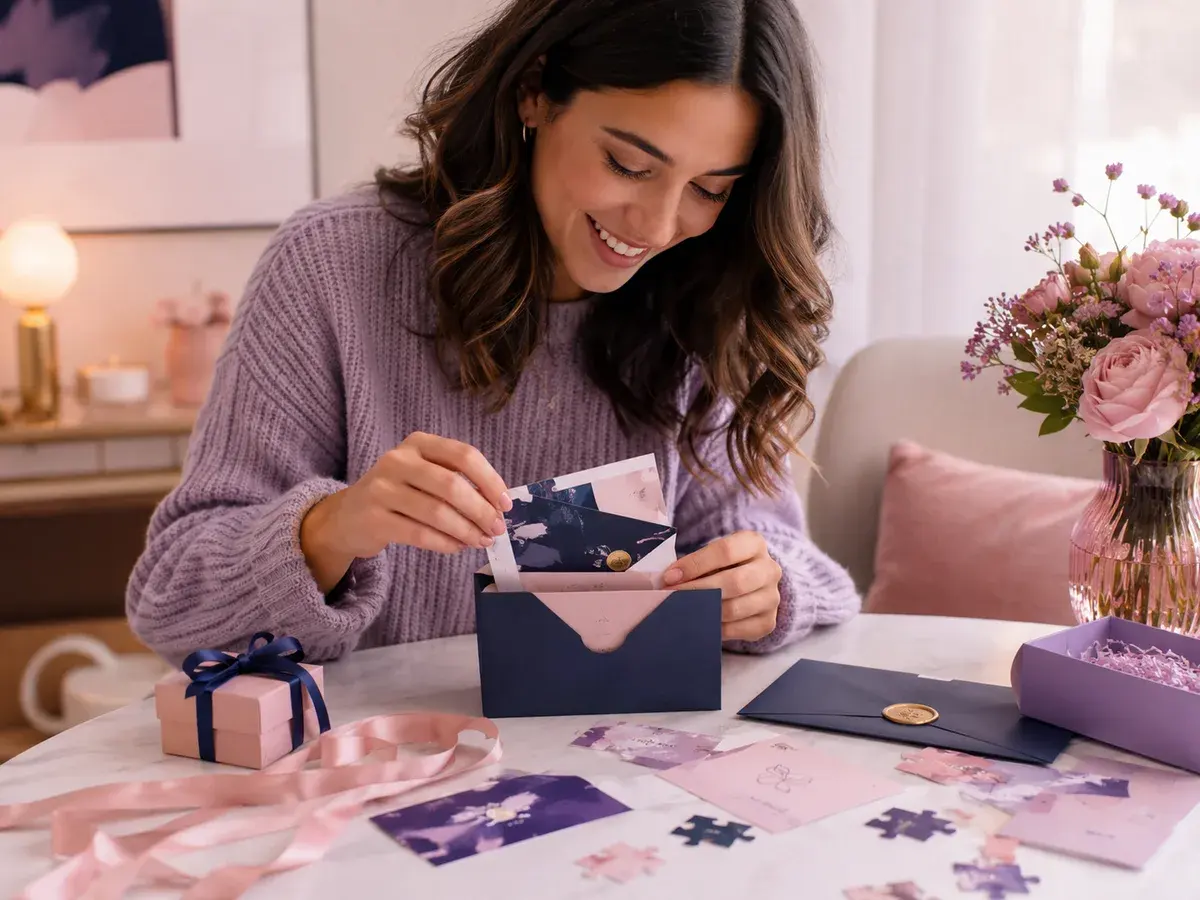 Gift card presentation ideas showing a recipient opening a creative physical gift card reveal with an envelope, puzzle pieces and a wrapped gift.