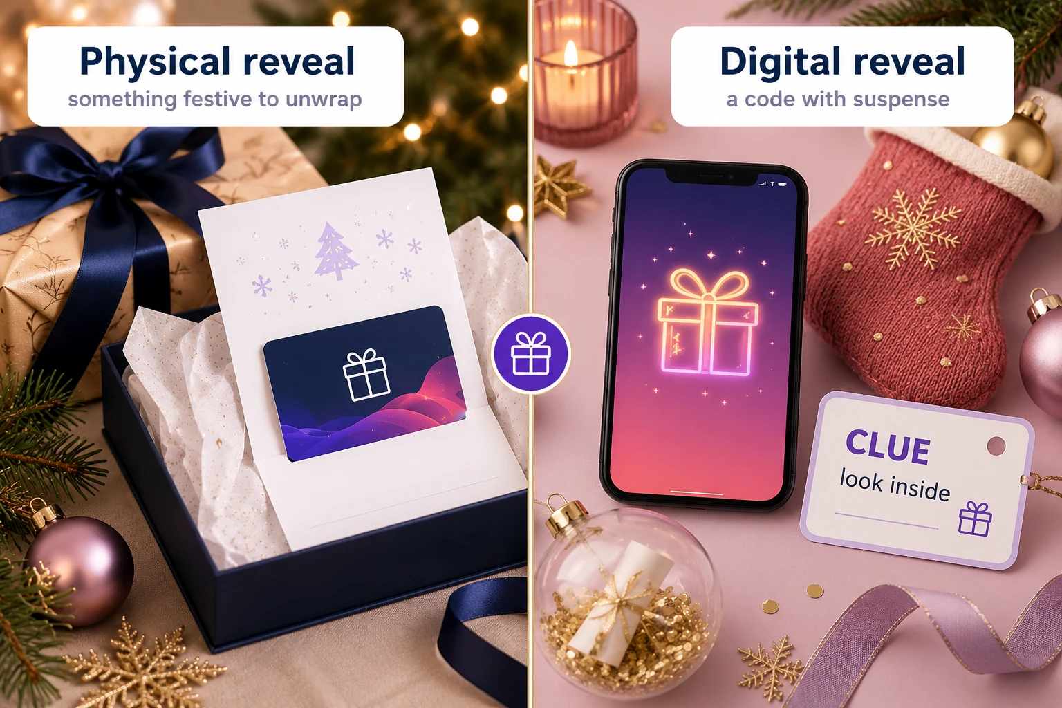 Christmas physical and digital gift card reveal comparison with a wrapped gift card, festive clue, and phone reveal screen.