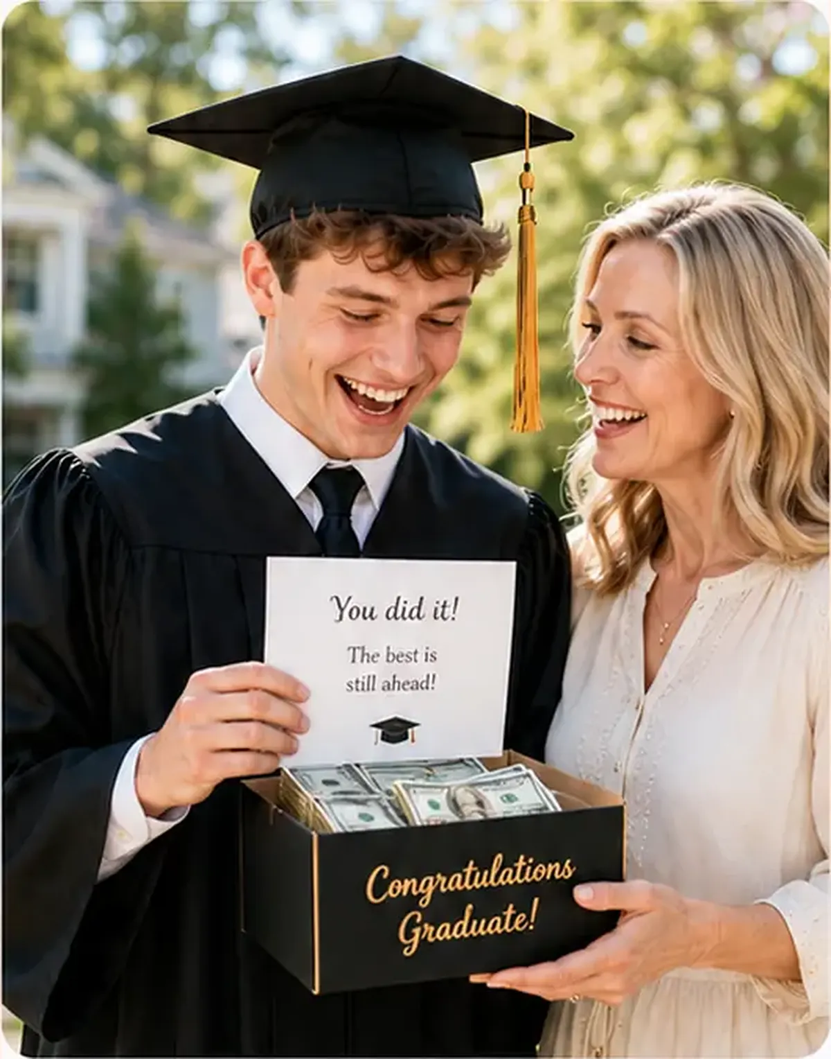 A smiling graduate in a cap and gown opening a graduation money reveal box with a proud family member outdoors.