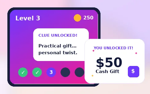 Preview of a personalized money gift reveal game with clues and a final unlock
