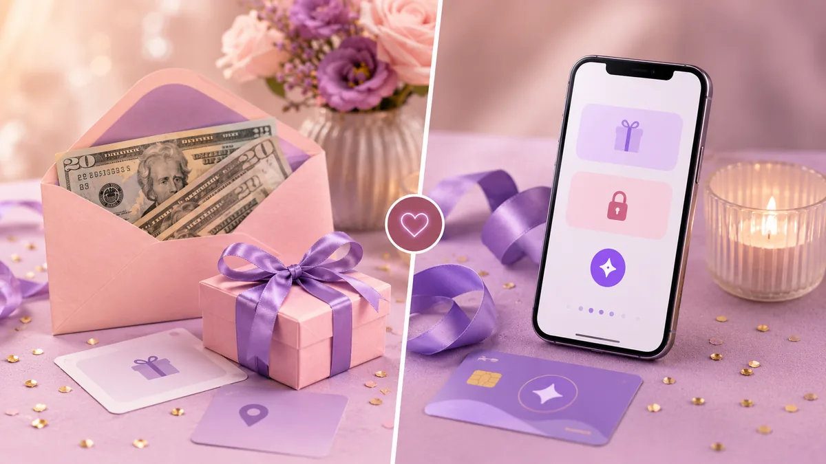 Cash envelope and smartphone gift reveal comparison showing physical cash versus digital money gifts.