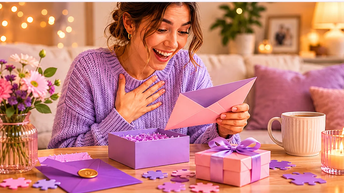 A smiling recipient opening a blank pastel envelope as part of a creative money gift reveal with a gift box, puzzle pieces, flowers and a cozy pink and purple table setting.